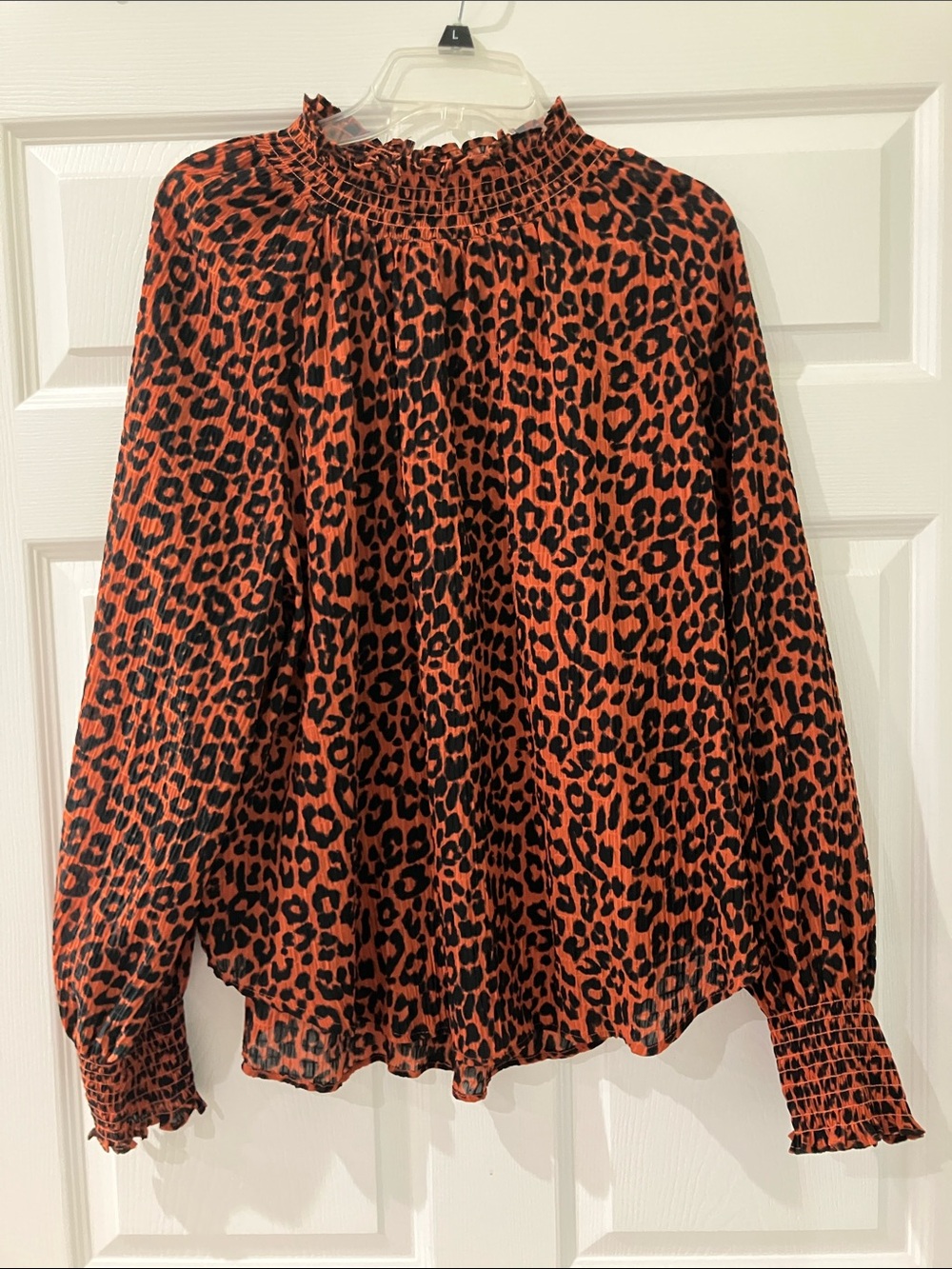 LOFT Orange and Black Leopard Smocked Neck Blouse